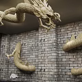 Artistic Golden Dragon Sculptures Hanging On Brick Wall With Detailed Design
