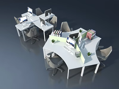 Modern Office Workstations With White Desks Computers Books Green Plants And Gray Chairs 3d model