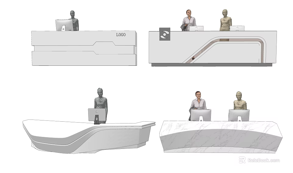 Modern Stylish Reception Desk Designs With Logo And Staff Workstations 3d model 