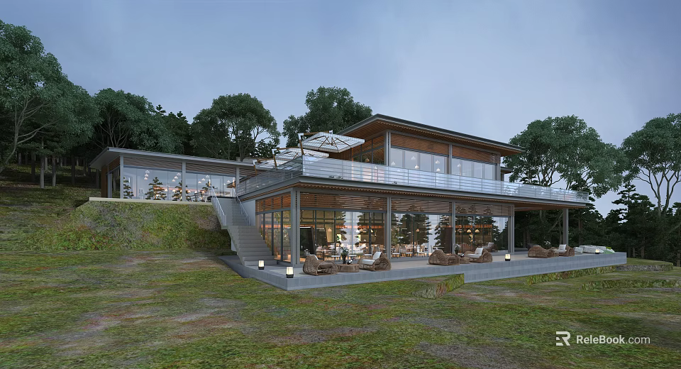 Modern Detached Villa With Hillside Setting Large Glass Windows And Outdoor Terrace Furniture 3d model 
