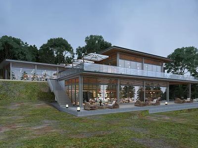 Modern Detached Villa With Hillside Setting Large Glass Windows And Outdoor Terrace Furniture 3d model