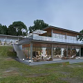 Modern Detached Villa With Hillside Setting Large Glass Windows And Outdoor Terrace Furniture