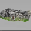 Rock Cave Entrance Scene With Natural Rock Formation And Lush Green Grass