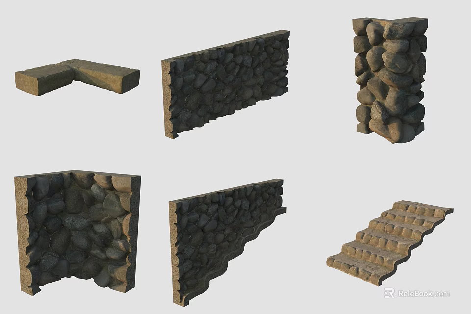Various Stone Wall Designs Including Corner Stacked And Straight Stone Structures 3d model