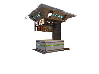 Modern Shopping Mall Retail Kiosk with Sloped Roof Display Shelves and Green Striped Base 3d model