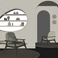 Light Green Upholstered Leisure Chair On Round Rug With Modern Minimalist Interior And Curved Shelf