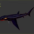 Dark blue stylized shark with glowing yellow eyes and open red mouth