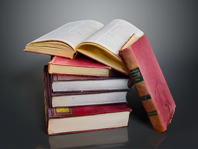 Modern Wooden Bookshelf Display With Stacked Books And Open Pages 3d model