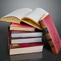 Modern Wooden Bookshelf Display With Stacked Books And Open Pages