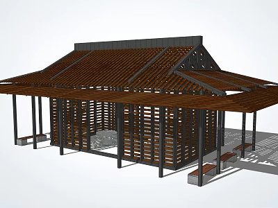 Traditional Open Air Pavilion With Wooden Roof And Lattice Walls Structure 3d model