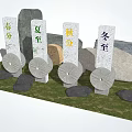 Stone and Wood Crafted Four Solar Terms Steles with Circular Wooden Wheels on Natural Grass