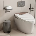 Modern Sleek White Toilet In Bathroom Interior With Waste Bin And Toilet Paper Holder