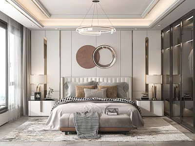 Modern Bedroom Interior With Round Wall Art Pendant Light Nightstands And Area Rug 3d model