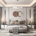 Modern Bedroom Interior With Round Wall Art Pendant Light Nightstands And Area Rug
