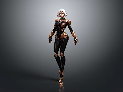 3D Rendered Female Character With Black And Gold Armor White Hair Standing In Gray Background 3d model