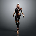 3D Rendered Female Character With Black And Gold Armor White Hair Standing In Gray Background