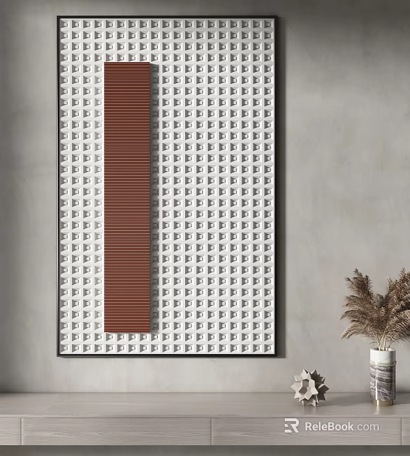 Decorative Artwork with White Square Patterns Brown Stripe on Gray Wall and Dried Pampas Grass 3d model 