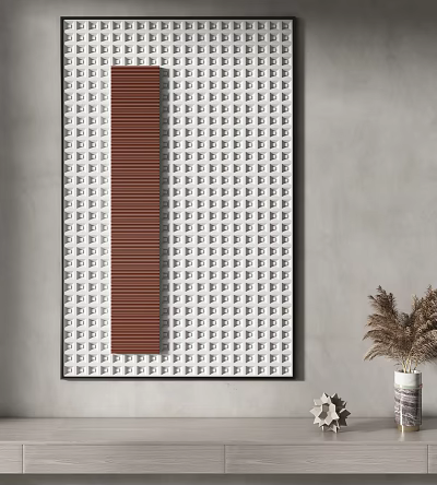 Decorative Artwork with White Square Patterns Brown Stripe on Gray Wall and Dried Pampas Grass 3d model