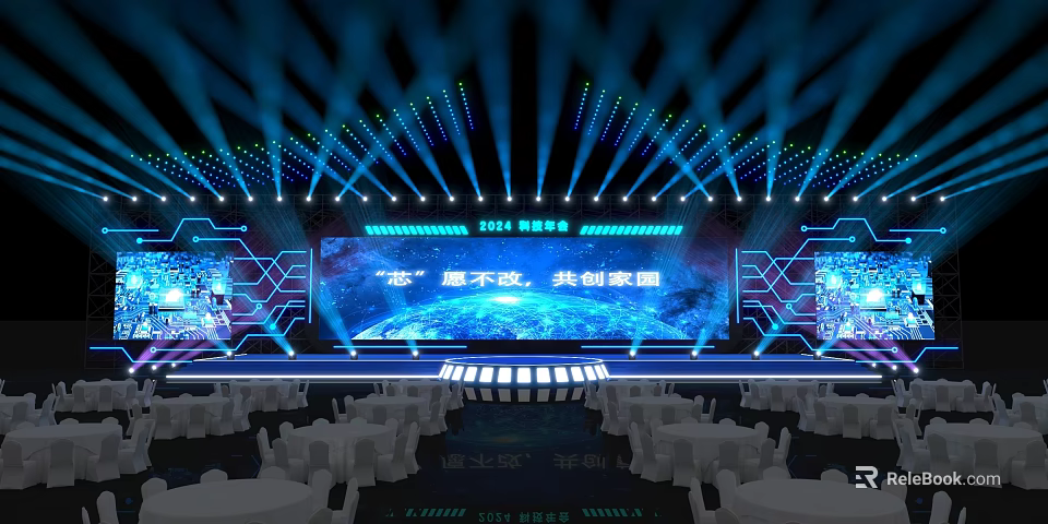 Contemporary Stage Setup With Blue Lighting Large Screen Display Text And Geometric Decor 3d model