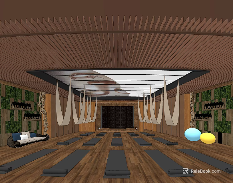 Modern Yoga Fitness Studio With Wooden Floor Yoga Mats Hanging Hammocks And Green Plant Walls 3d model 