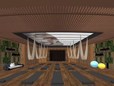Modern Yoga Fitness Studio With Wooden Floor Yoga Mats Hanging Hammocks And Green Plant Walls 3d model