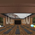 Modern Yoga Fitness Studio With Wooden Floor Yoga Mats Hanging Hammocks And Green Plant Walls