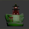 Cartoon Scene With Red Pagoda Green Roof Golden Spire Green Rock Stairs And Red Lantern