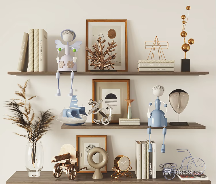 Stylish Decorative Ornament Combination With Angel Figurines Picture Frames Balance Scale Books And Vase 3d model 