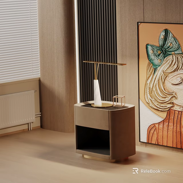 Elegant Modern Nightstand With Golden Table Lamp Tray And Artwork On Textured Wall 3d model 