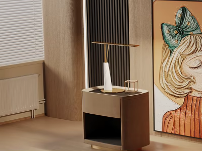 Elegant Modern Nightstand With Golden Table Lamp Tray And Artwork On Textured Wall 3d model