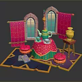 Colorful Arabian Dining Table With Teapot Cups Poufs Red Curtains And Arched Windows