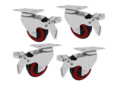 Durable Caster Wheels with Red Rubber Tires for Industrial Hardware Tools Set of Four 3d model