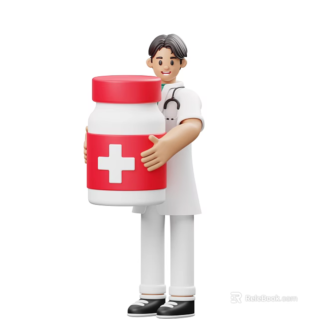 Man Doctor Holding Large Red And White Medicine Bottle With White Cross 3d model 