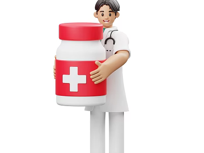 Man Doctor Holding Large Red And White Medicine Bottle With White Cross 3d model
