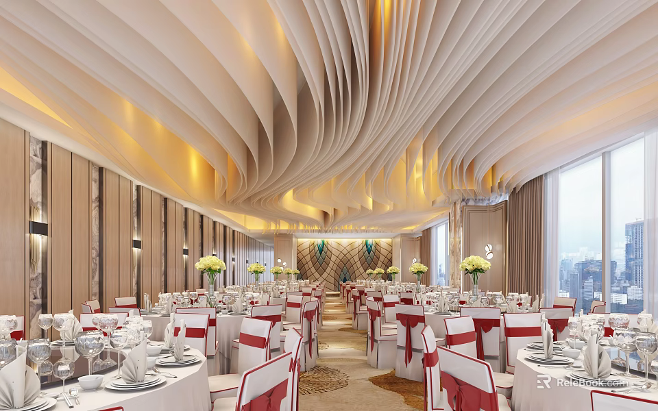 Elegant Banquet Hall with Curved Ceiling Warm Lighting White Tablecloths and Red Decorated Chairs 3d model 