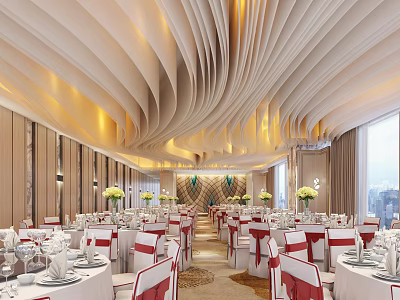 Elegant Banquet Hall with Curved Ceiling Warm Lighting White Tablecloths and Red Decorated Chairs 3d model