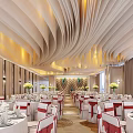 Elegant Banquet Hall with Curved Ceiling Warm Lighting White Tablecloths and Red Decorated Chairs