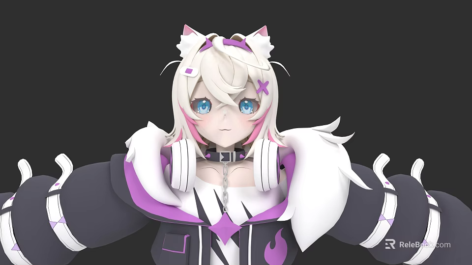 Anime Woman With Cat Ears White Hair Blue Eyes In Purple Black Outfit And Headphones 3d model 