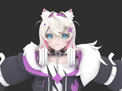 Anime Woman With Cat Ears White Hair Blue Eyes In Purple Black Outfit And Headphones 3d model