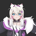 Anime Woman With Cat Ears White Hair Blue Eyes In Purple Black Outfit And Headphones