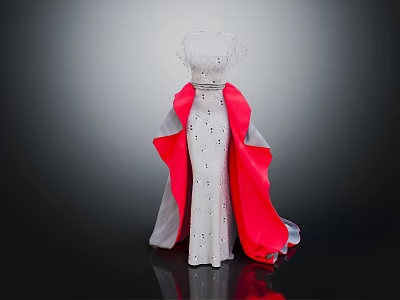 Formal White Sparkling Dress With Red And Gray Layered Flowing Cape 3d model