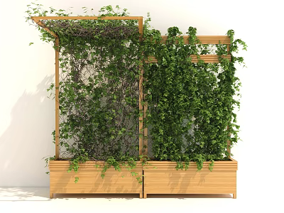 Lush Green Vines Covering Wooden Trellis With Wooden Planters For Garden Decor 3d model