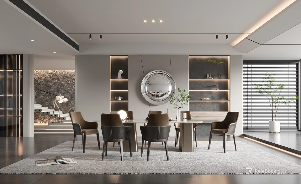 Modern Restaurant Interior Design With Dining Table Chairs Round Mirror And Shelves 3d model 