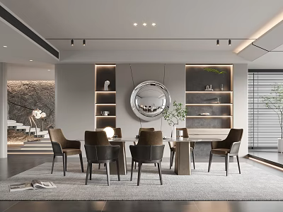 Modern Restaurant Interior Design With Dining Table Chairs Round Mirror And Shelves 3d model