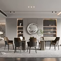 Modern Restaurant Interior Design With Dining Table Chairs Round Mirror And Shelves