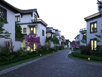 Chinese Style Townhouses With White Walls Black Tiles Stone Path And Lush Green Courtyards 3d model