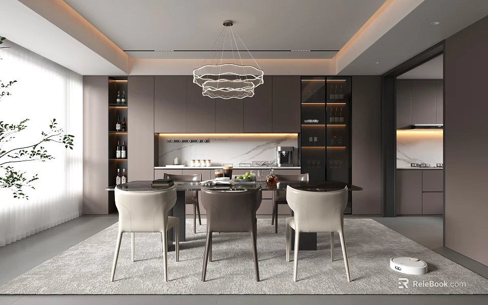 Modern Restaurant Interior Design With Open Kitchen Dining Table Chairs And Chandelier 3d model 