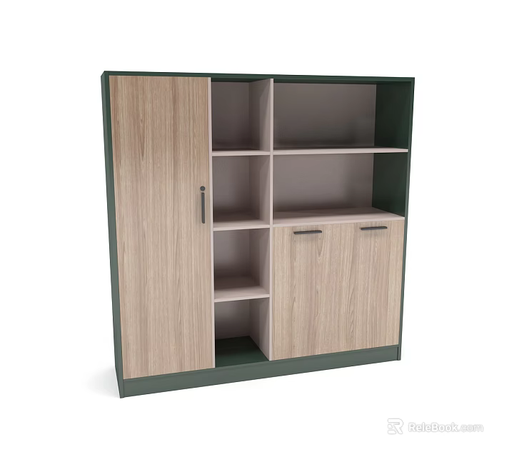 Modern Wooden Bookcase With Green Frame Open Shelves And Cabinet Doors 3d model 