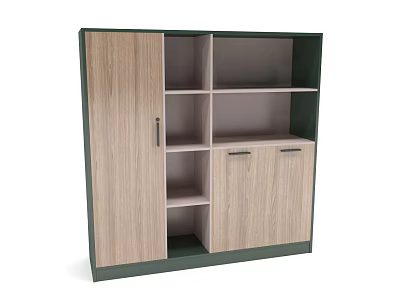 Modern Wooden Bookcase With Green Frame Open Shelves And Cabinet Doors 3d model