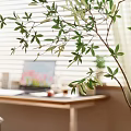 Modern Desk And Office Chair Setup With Laptop Tulips Lamp Stationery Blinds On Wood Floor